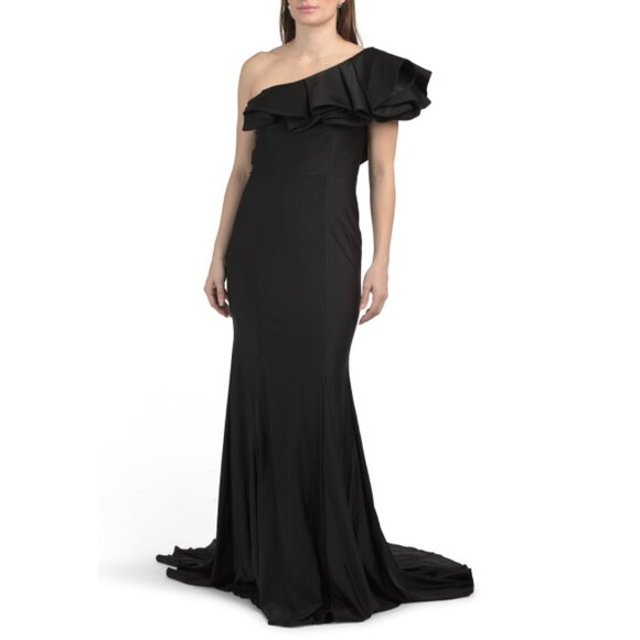 TERANI COUTURE Black One Shoulder Ruffle Gown